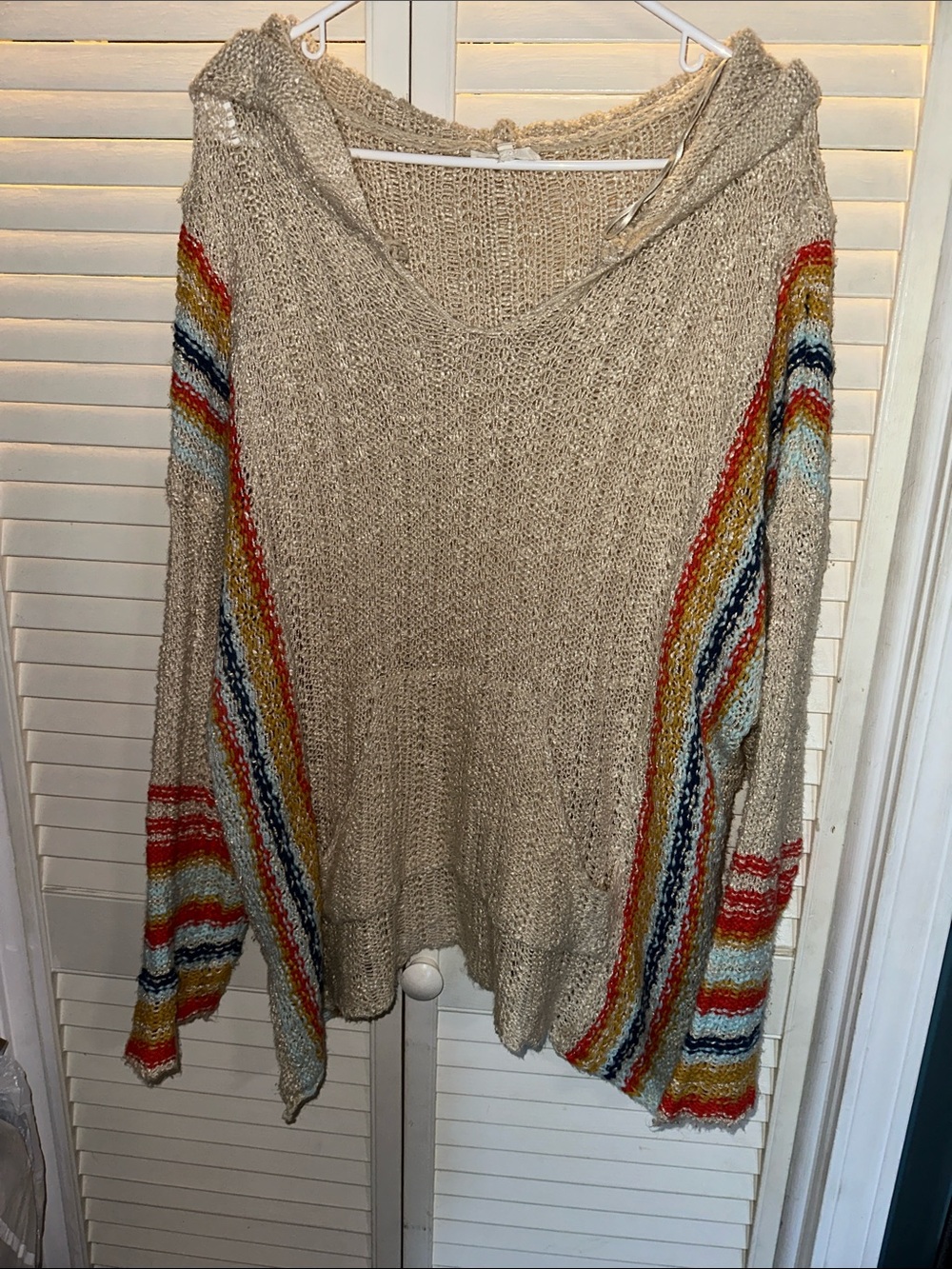 easel Beige Hooded Open-Knit Sweater with Multicolor Sleeve Stripes